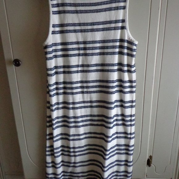 Vince Camuto Sleeveless Dress Pom Pom Hem Stripes Blue/Off Wht - Picture 2 of 14